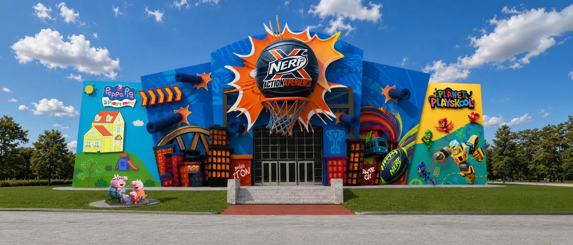 The Play District building exterior, with NERF Action Xperience, Peppa Pig, and Planet Playskool attraction facades